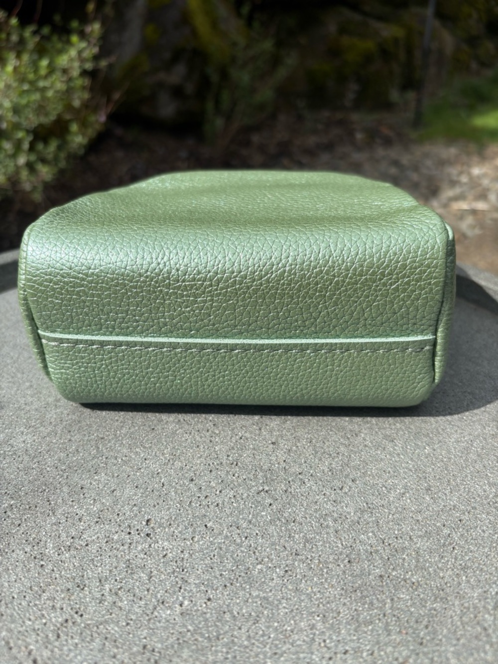 PLG WONDER Pouch Metallic Green Pebbled Leather Beetle Zip Makeup Bag Travel - Picture 6 of 12